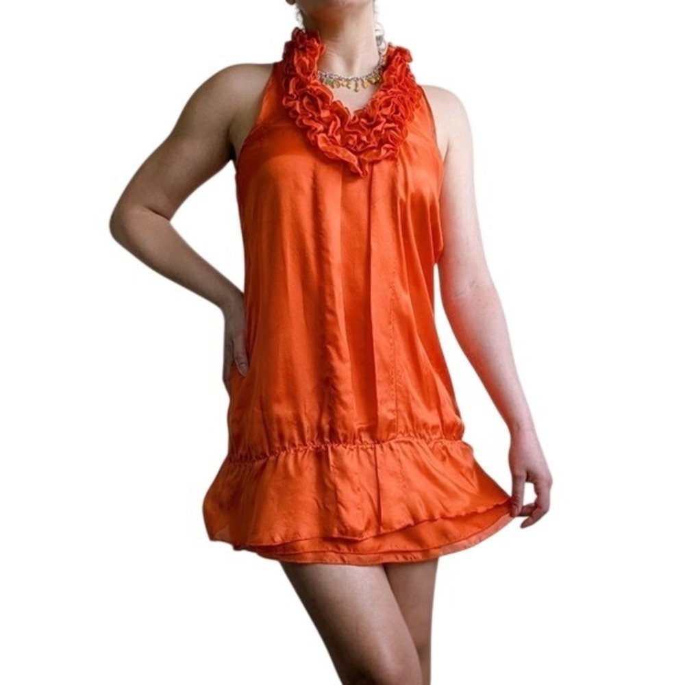 Esley Vintage 00s Y2K Eccentric Boho Orange Ruffle Peplum 100% Silk Halter Dress